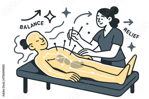 Dynamic Acupuncture Art. Acupuncture therapy. A glowing character lying on a table with glowing acupuncture