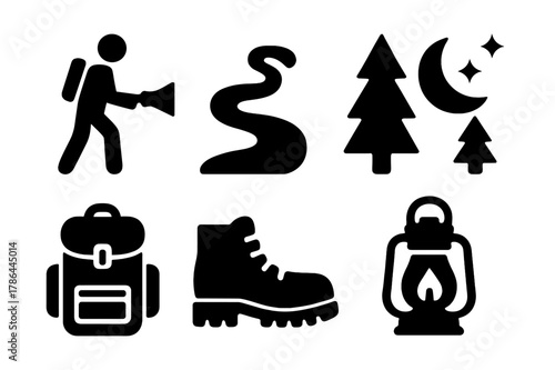 Night Exploration Icons. Night exploration. Filled icon set of night exploration: person with flashlight, path