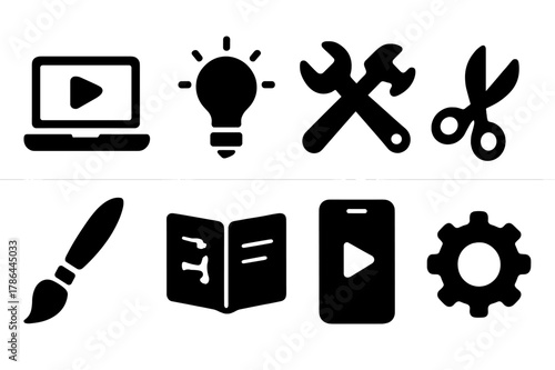 DIY Icon Grid. Influence of internet-based tutorials and DIY culture. Filled icon set of internet-based