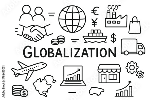 Global Economy Doodle. Globalization. Hand-drawn doodle illustration of globalization and local economies.