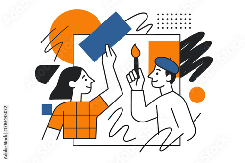 Geometric Creative Fusion. Creative layering. Overlapping geometric papers, digital brush strokes, and