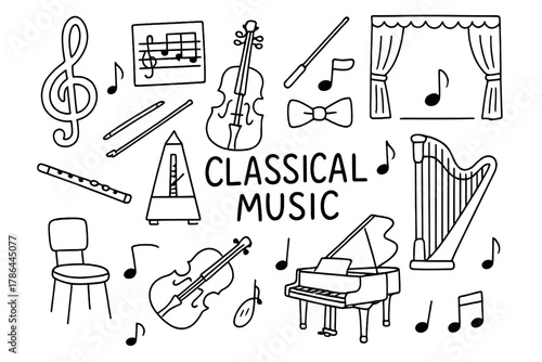 Classical Music Doodles. Classical Music. Hand-drawn doodle illustration of Classical Music. treble clef,