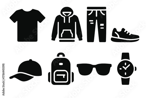 Casual Urban Icon Set. Casual Urban Wear. Filled icon set of Casual Urban Wear: t-shirt, hoodie, ripped jeans,