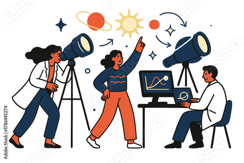 Dynamic Astrophysics Exploration. Astrophysics lab. Glowing telescopes, computers, and floating abstract