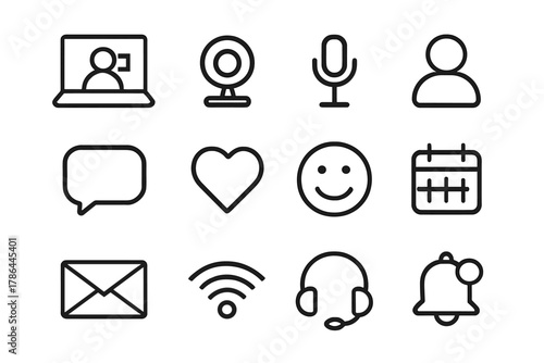 Video Call Icon Set. Video calls. Line outline icon set of video calls: laptop, webcam, microphone, person