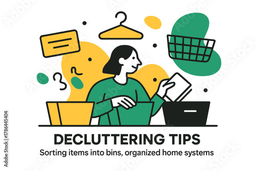 Organized Living Illustration. Decluttering tips. A person sorting items into bins, abstract floating icons of