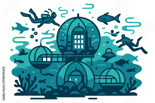 Futuristic Underwater Cityscape. Underwater City. A network of connected glass domes with glowing interiors;