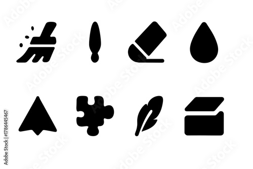 Digital Cleaning Icons. Digital cleaning tools. Filled icon set of digital cleaning tools: dust removal brush,