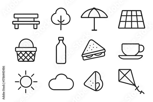 Park Outing Icons. Park outing. Line outline icon set of park outing: bench, tree, umbrella, blanket, basket,