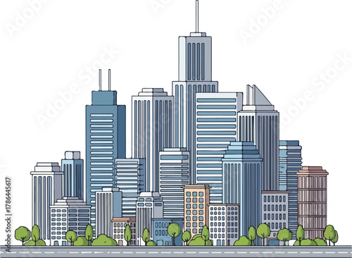 Modern City Skyline Illustration with Tall Buildings and Urban Landscape