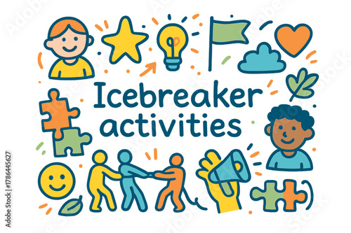 Doodle Icebreaker Illustration. Icebreaker activities. Hand-drawn doodle illustration of icebreaker activities