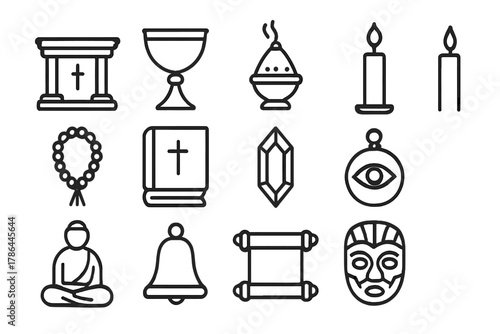 Religious Artifacts Icons. Religious artifacts. Line outline icon set of religious artifacts: altar, chalice,