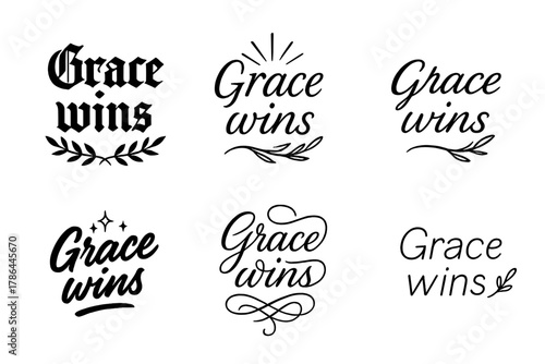 Grace Wins Variations. Grace wins. Create a calligraphy lettering illustration of the phrase: Grace wins.