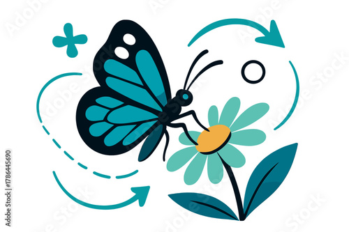 Butterfly Pollination Art. Butterfly pollination. A colorful butterfly delicately landing on a wildflower,