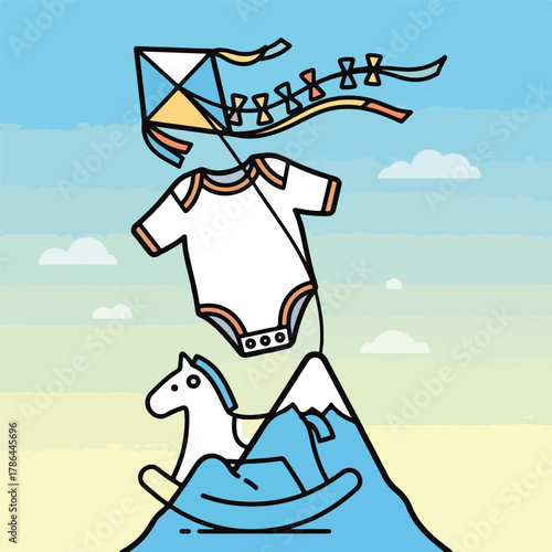 Creative Flat Illustration Baby Onesie Flying as a Kite Above Mountain Peaks for Childcare Concept