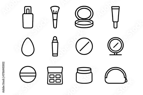 Makeup Icon Set. Face makeup. Line outline icon set of face makeup: foundation bottle, brush, powder compact,