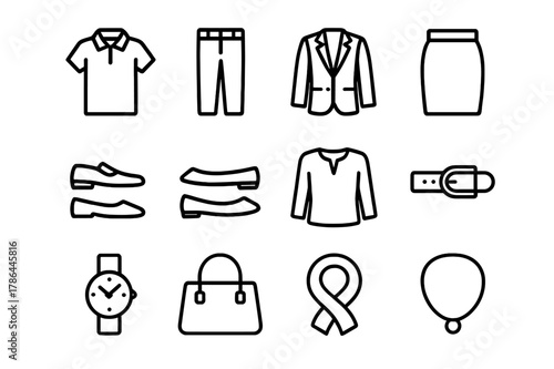 Business Casual Icons. Business casual. Line outline icon set of business casual: polo shirt, chinos, blazer,