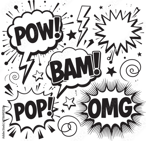 Comic speech bubbles with action words like Pow Bam Pop and Omg vector illustration for comics and graphic novels isolated on white background