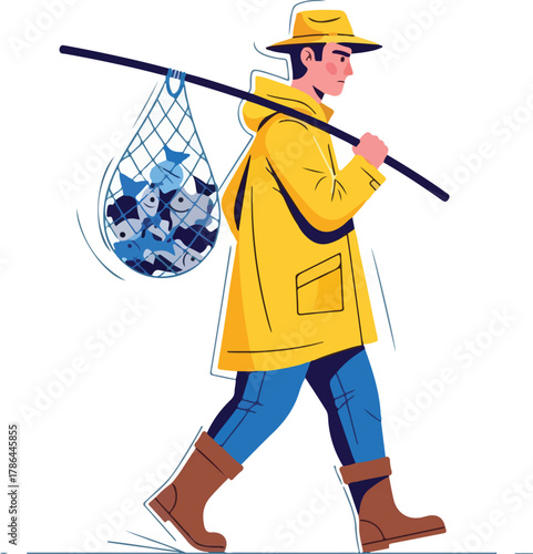 Illustration of Fisherman Walking with a Catch in a Net over Shoulder