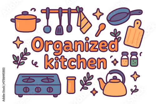 Doodle Kitchen Art. Organized kitchen. Hand-drawn doodle illustration of organized kitchen. Pots, pans,