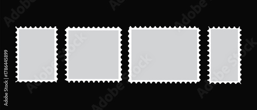 Vector postage stamp frames on black background blank mail border templates in gray color for postal design, scrapbook, correspondence, and retro vintage envelope art projects
