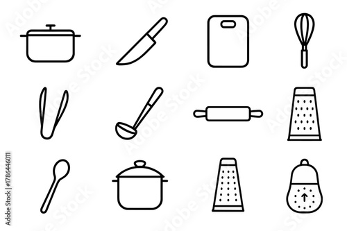 Essential Kitchen Icons. Kitchen utensils. Line outline icon set of essential cooking tools: saucepan, knife,