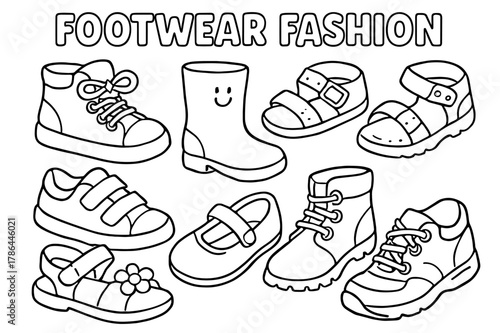 Kids Footwear Coloring. Footwear fashion children?s coloring book illustration, outlined drawing, cheerful