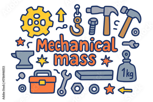 Mechanical Mass Compilation. Mechanical mass. Hand-drawn doodle illustration of mechanical mass. Gear, anvil,