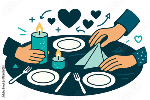 Cozy Family Dinner. Cozy meal setup. Hands arranging glowing candles and folded napkins on a table with plates