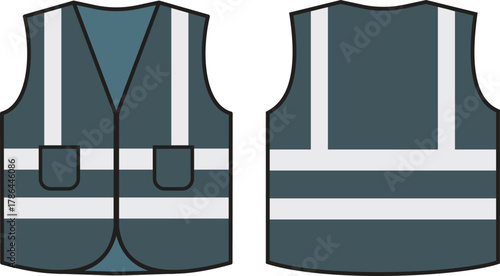 Safety vest with reflective strips vector illustration icon set. High visibility personal protective equipment for construction worker and road safety concept. Construction safety vest silhouette.
