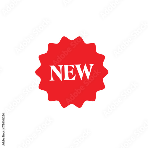 Red new label icon modern badge design for sale, promotion, offer, marketing, and product launch advertising. Vector new arrival tag symbol for retail and e-commerce graphics