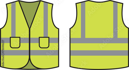 Green safety vest with reflective strips vector illustration icon set. High visibility personal protective equipment for construction worker and road safety concept. Safety vest silhouette icons.