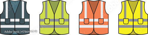 Safety vest with reflective strips vector illustration icon set. High visibility personal protective equipment for construction worker and road safety concept. Construction safety vest silhouette.