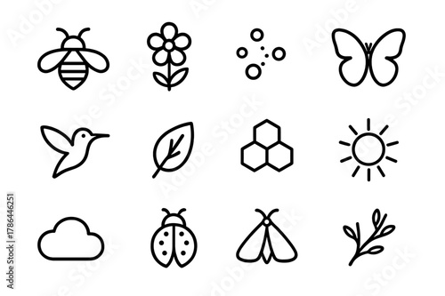Pollination Icon Set. Pollination process. Line outline icon set of pollination process: bee, flower, pollen,