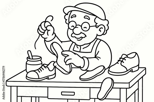 Friendly Cobbler Coloring Page. Shoe maker children?s coloring book illustration, outlined drawing, friendly