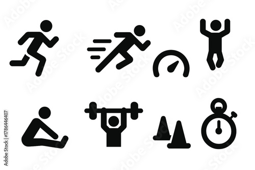 Soccer Fitness Icons. Soccer fitness. Filled icon set of soccer fitness: running figure, sprint icon, stamina