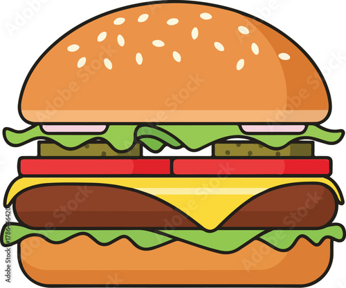 Delicious Cartoon Cheeseburger Illustration with Sesame Seed Bun Lettuce Tomato and Pickles