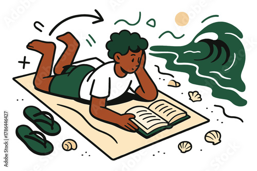 Seaside Reading Retreat. Reading by the shore. A person lying on a towel with an open book, sandals and