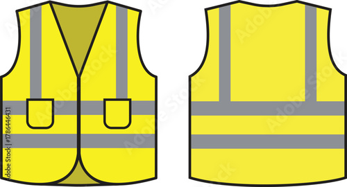 Yellow safety vest with reflective strips vector illustration icon set. High visibility personal protective equipment for construction worker and road safety concept. Safety vest silhouette icons.