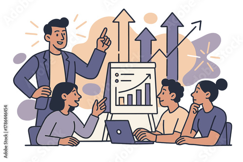 Inspirational Team Leadership. Leadership in Action. A confident manager guides their team during a planning