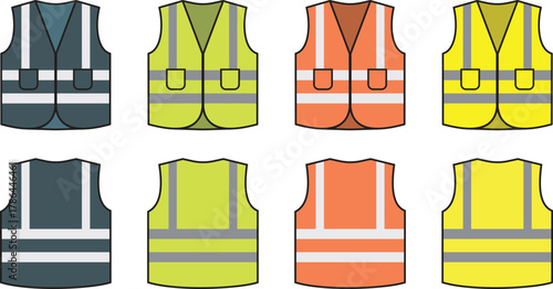 Safety vest with reflective strips vector illustration icon set. High visibility personal protective equipment for construction worker and road safety concept. Construction safety vest silhouette.