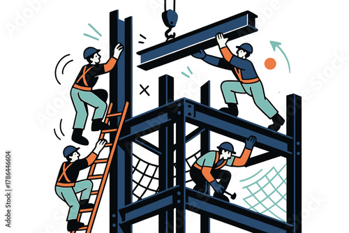 Dynamic Skyscraper Construction. Skyscraper framework. Team of workers installing steel beams at great height;