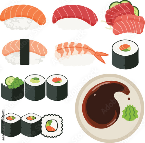 Assortment of Delicious Japanese Sushi and Sashimi Set with Soy Sauce Dipping Dish Illustration