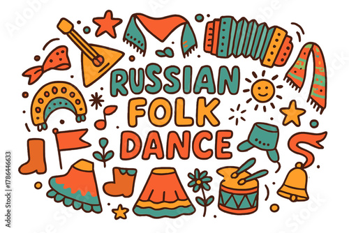 Russian Folk Dance Doodle. Russian folk dance. Hand-drawn doodle illustration of Russian folk dance. Balalaika
