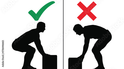 Correct and incorrect lifting posture a silhouette vector illustration showing proper body mechanics for workplace safety and training materials