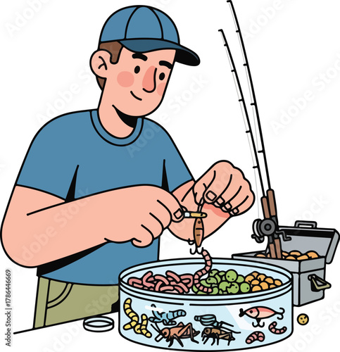 Man Preparing Fishing Gear with Live Bait and Lures for Angling Hobby Illustration