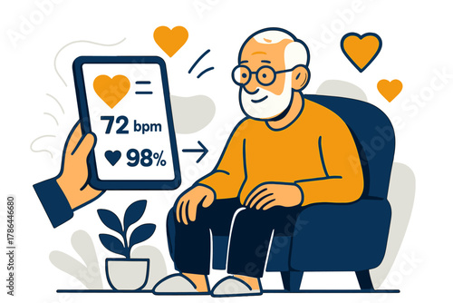 Modern Senior Care Check-In. Elderly patient check-in. Senior sitting comfortably at home while tablet