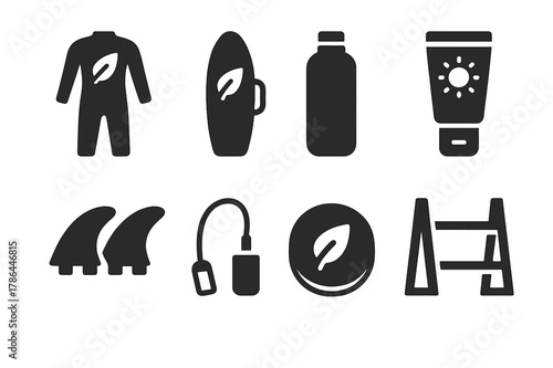 Eco Surf Gear Icons. Eco-conscious surfing gear. Filled icon set of eco-conscious surfing gear: sustainable