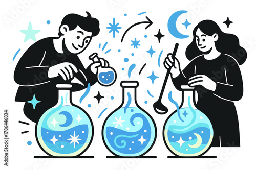 Magical Potion Brewing. Potion brewing. Glowing bottles with swirling liquids and floating symbols of stars,