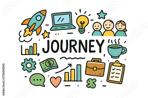 Startup Journey Doodle. Startup journey. Hand-drawn doodle illustration of startup journey. Rocket, laptop,